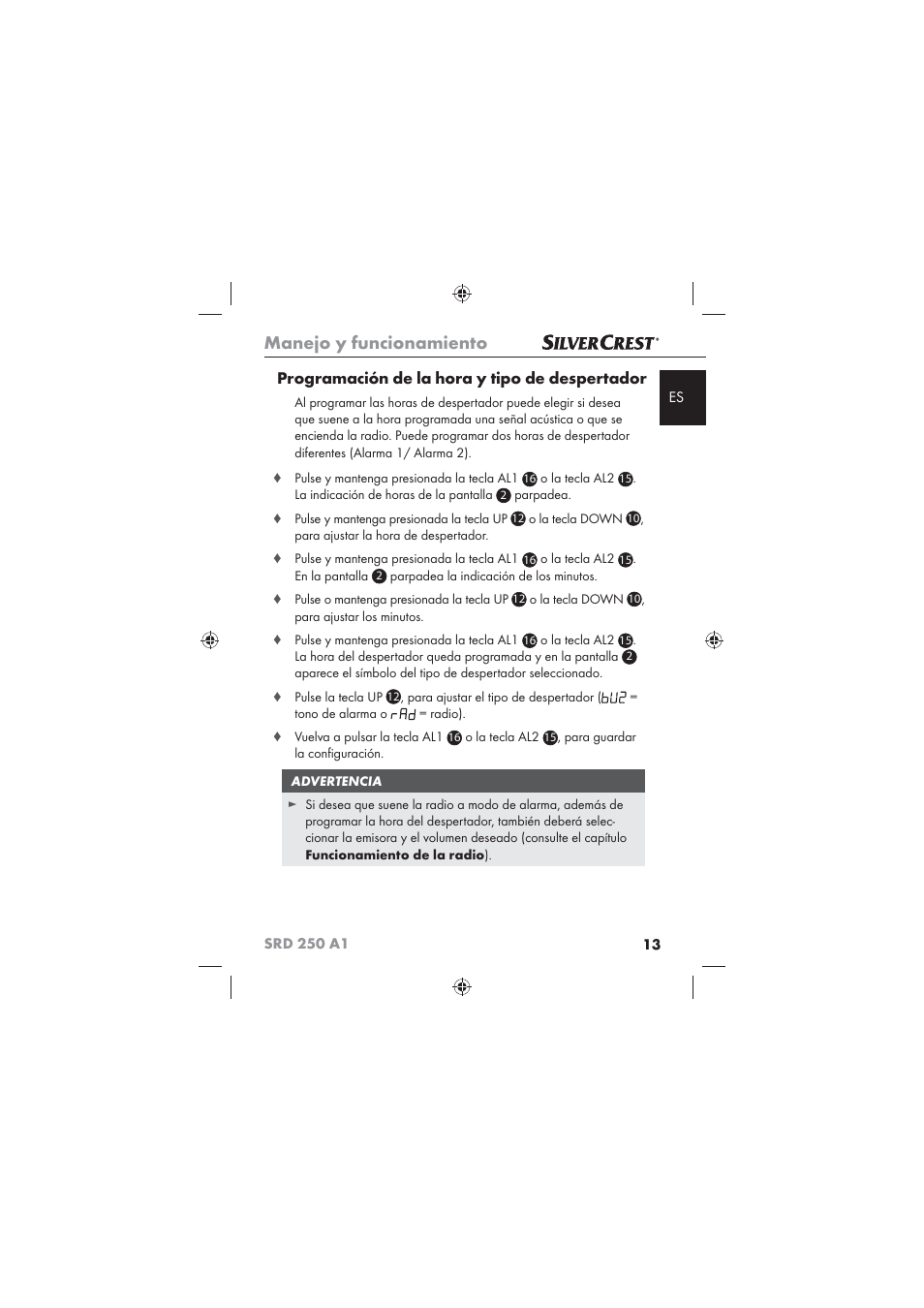 Manejo y funcionamiento, Programación de la hora y tipo de despertador | Silvercrest SRD 250 A1 User Manual | Page 15 / 102