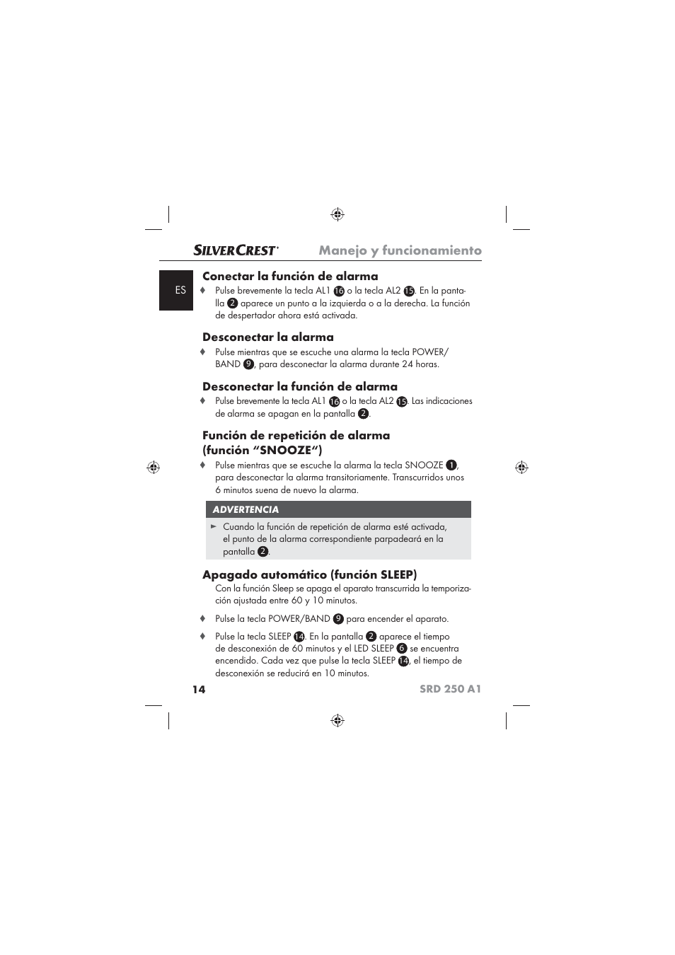 Manejo y funcionamiento, Conectar la función de alarma, Desconectar la alarma | Desconectar la función de alarma, Función de repetición de alarma (función “snooze“), Apagado automático (función sleep) | Silvercrest SRD 250 A1 User Manual | Page 16 / 102