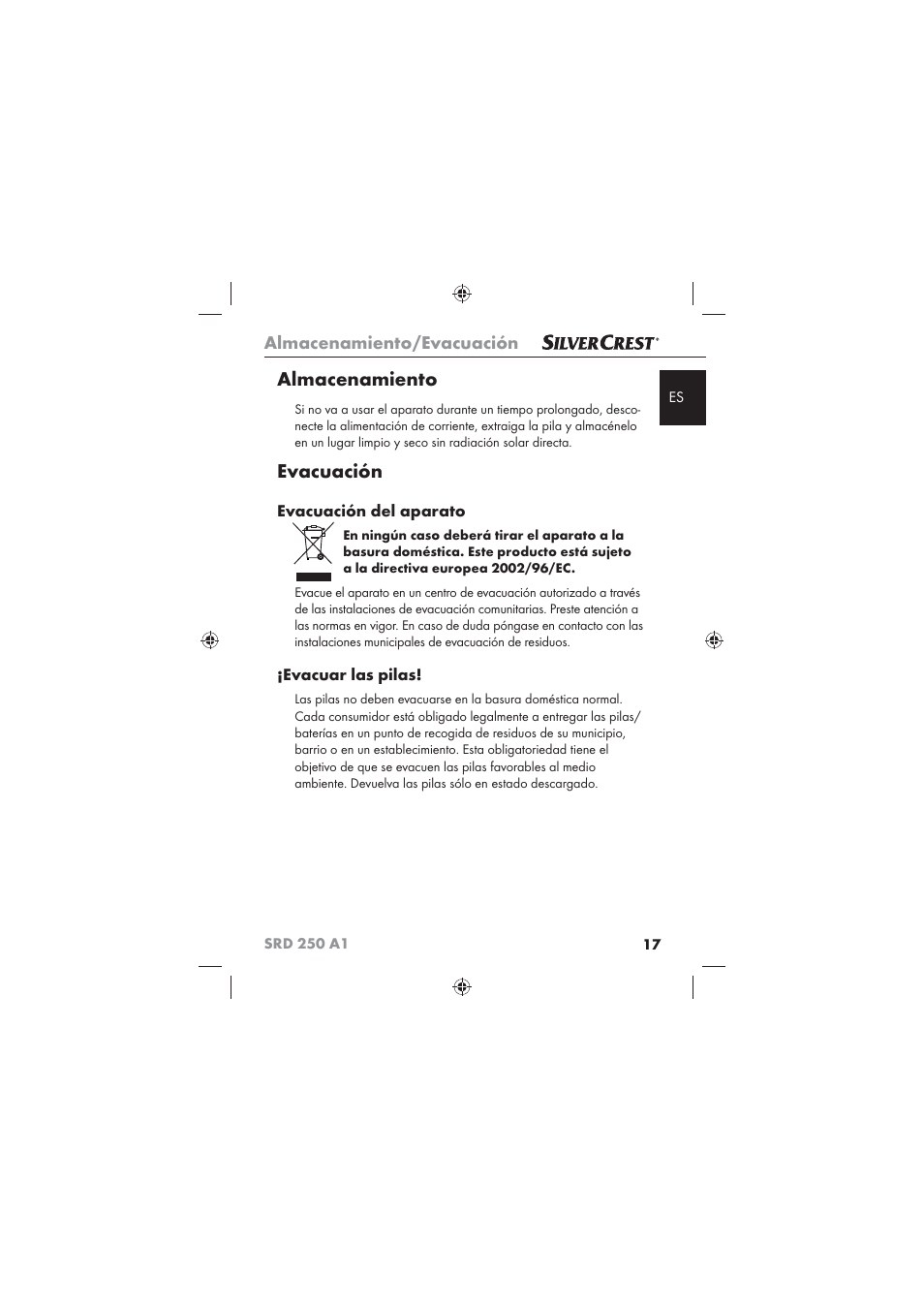 Almacenamiento, Evacuación, Almacenamiento/evacuación | Evacuación del aparato, Evacuar las pilas | Silvercrest SRD 250 A1 User Manual | Page 19 / 102