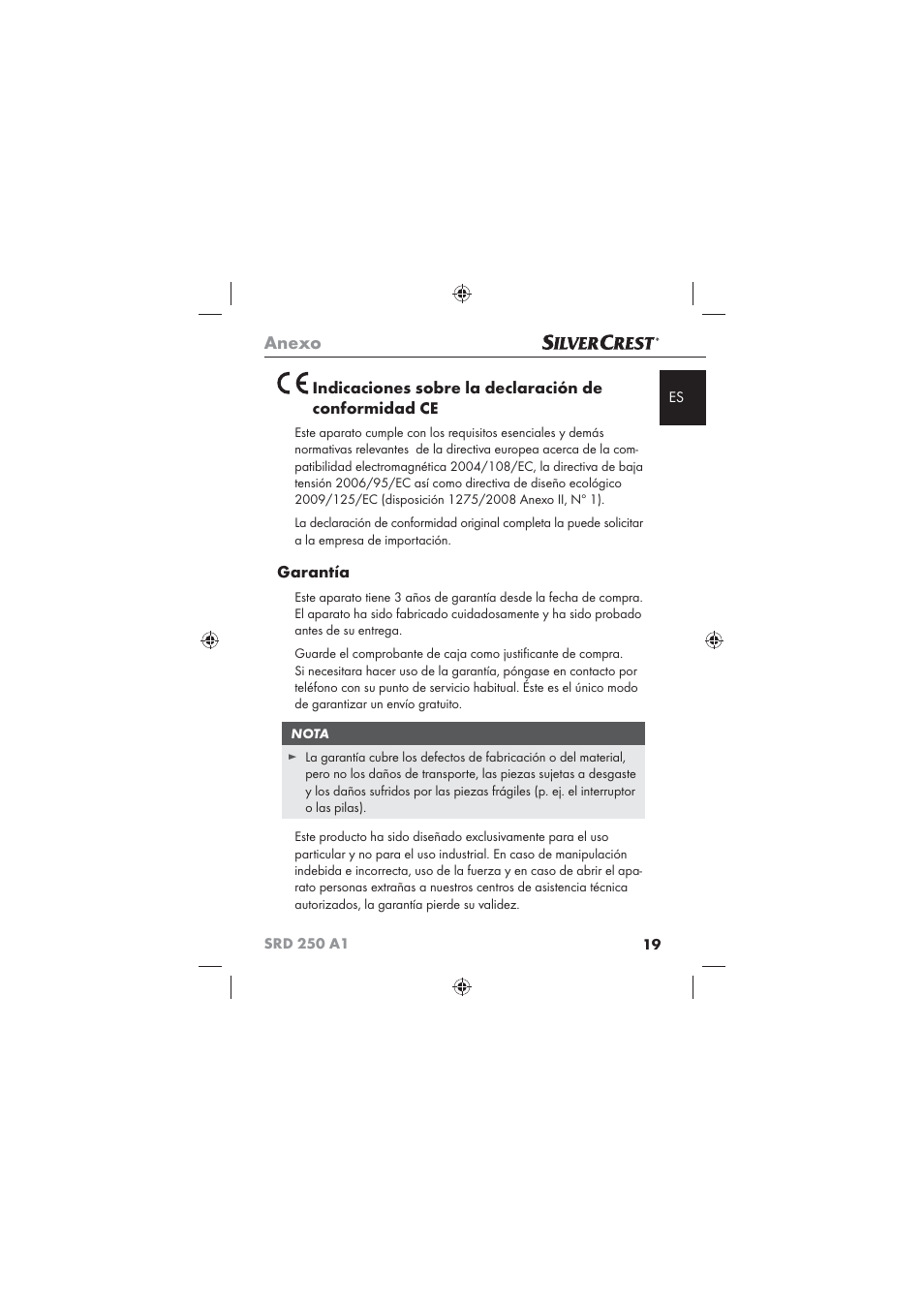 Anexo, Garantía | Silvercrest SRD 250 A1 User Manual | Page 21 / 102
