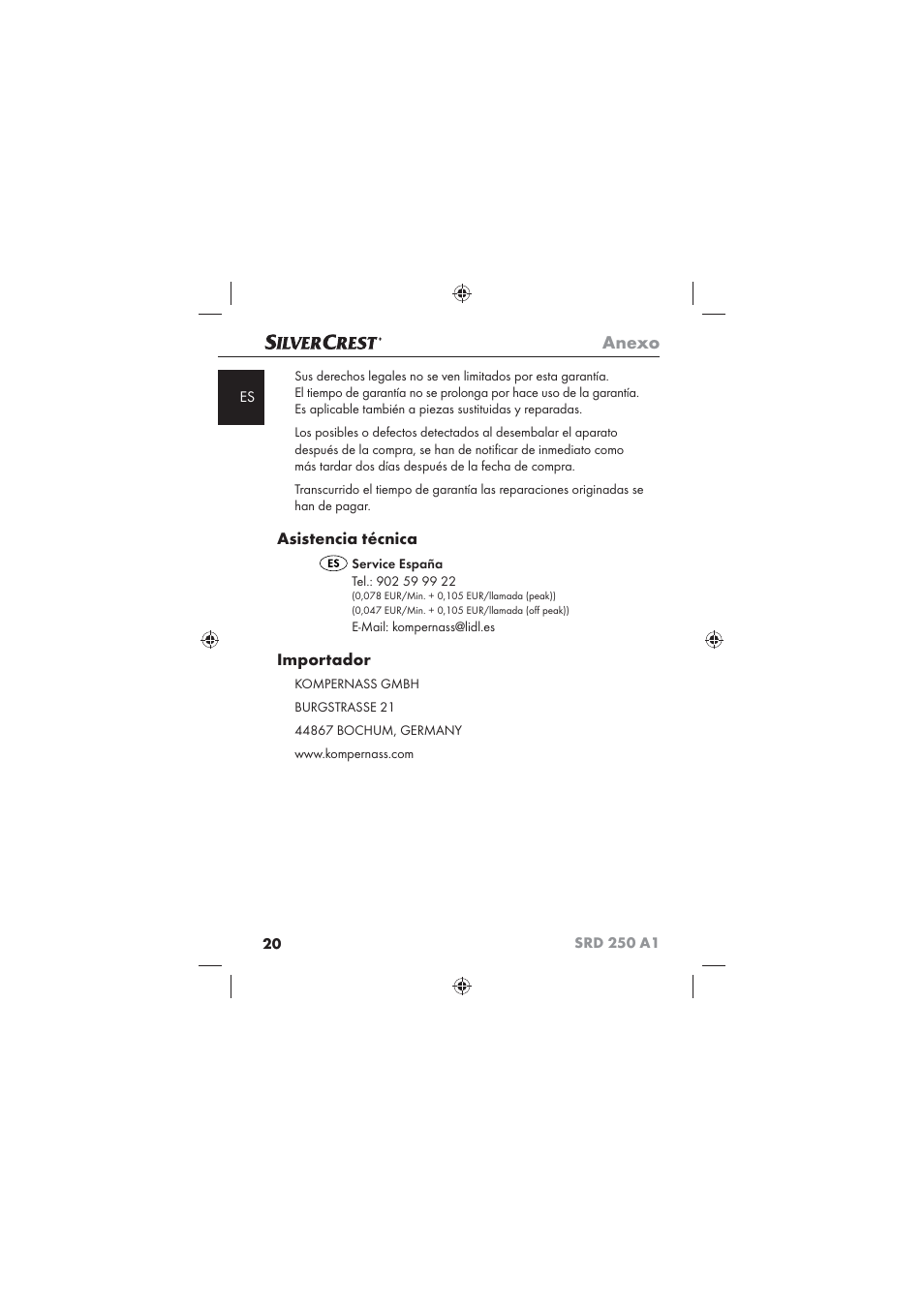 Anexo, Asistencia técnica, Importador | Silvercrest SRD 250 A1 User Manual | Page 22 / 102