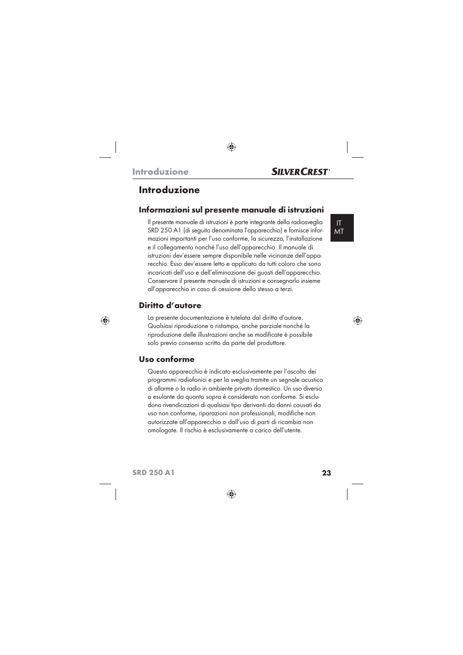 Introduzione, Informazioni sul presente manuale di istruzioni, Diritto d’autore | Uso conforme | Silvercrest SRD 250 A1 User Manual | Page 25 / 102