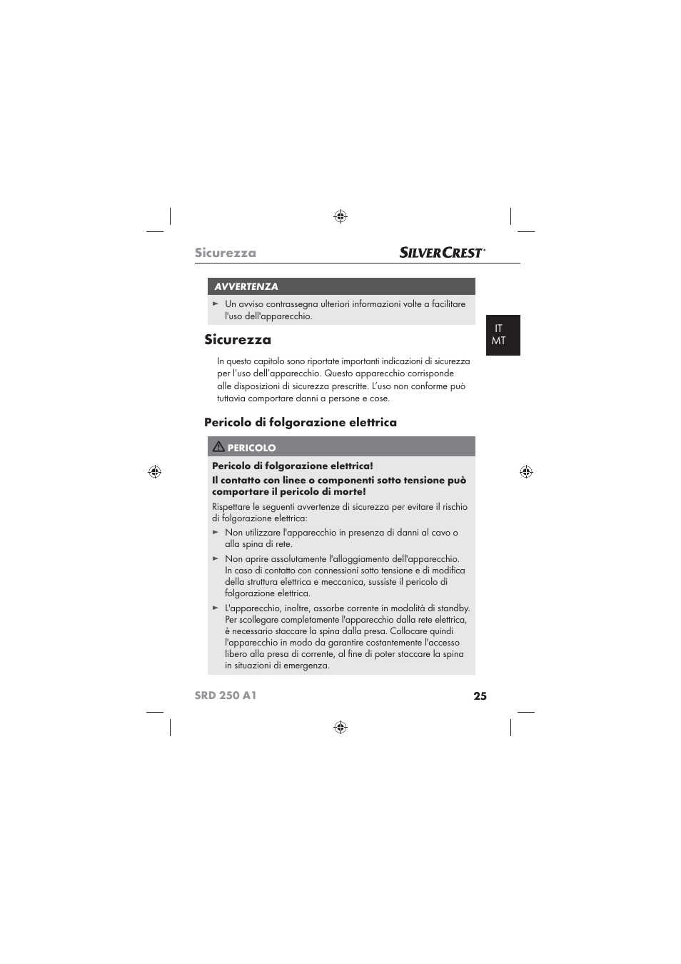 Sicurezza, Pericolo di folgorazione elettrica | Silvercrest SRD 250 A1 User Manual | Page 27 / 102