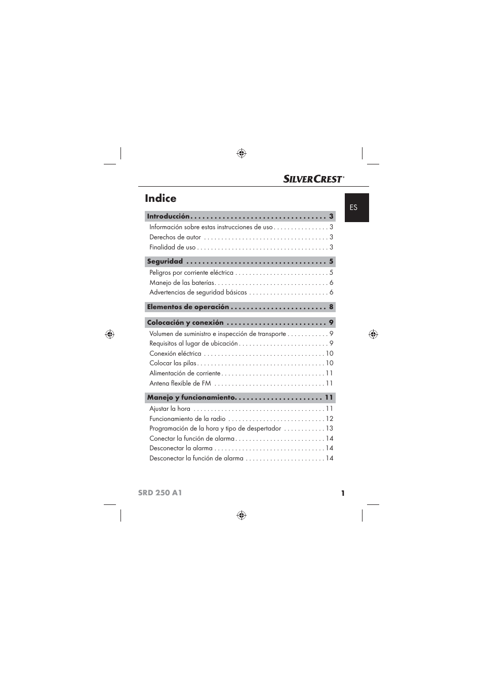 Indice | Silvercrest SRD 250 A1 User Manual | Page 3 / 102