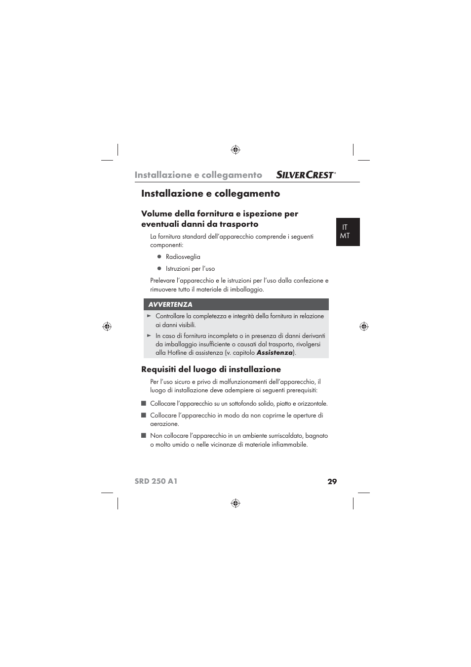 Installazione e collegamento, Requisiti del luogo di installazione | Silvercrest SRD 250 A1 User Manual | Page 31 / 102