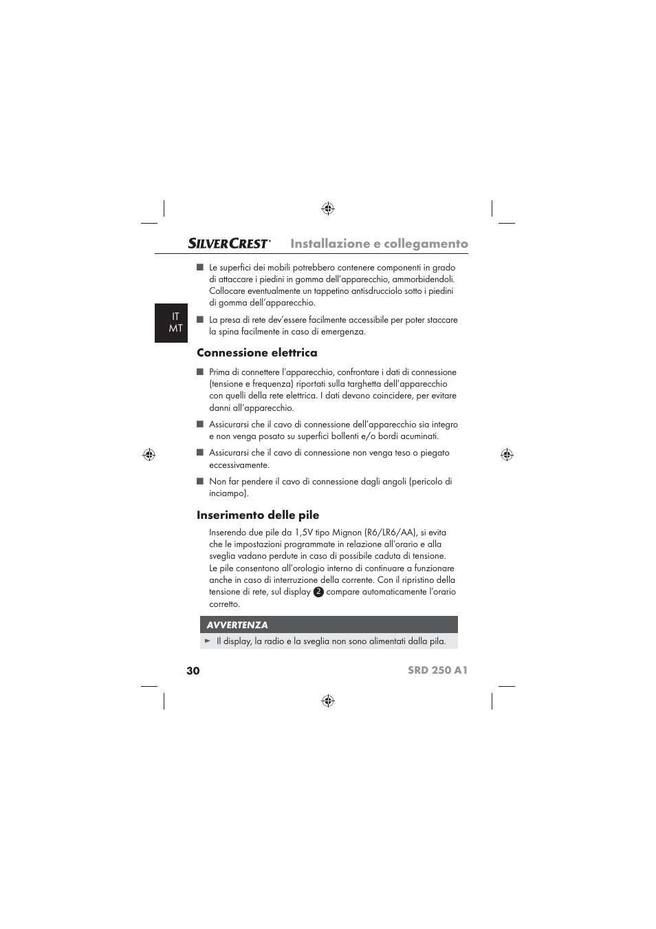 Installazione e collegamento, Connessione elettrica, Inserimento delle pile | Silvercrest SRD 250 A1 User Manual | Page 32 / 102