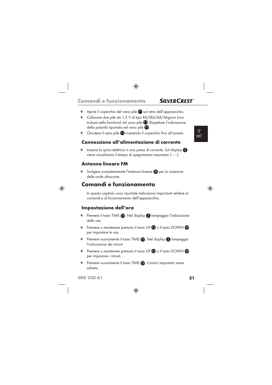 Comandi e funzionamento, Connessione all’alimentazione di corrente, Antenna lineare fm | Impostazione dell’ora | Silvercrest SRD 250 A1 User Manual | Page 33 / 102