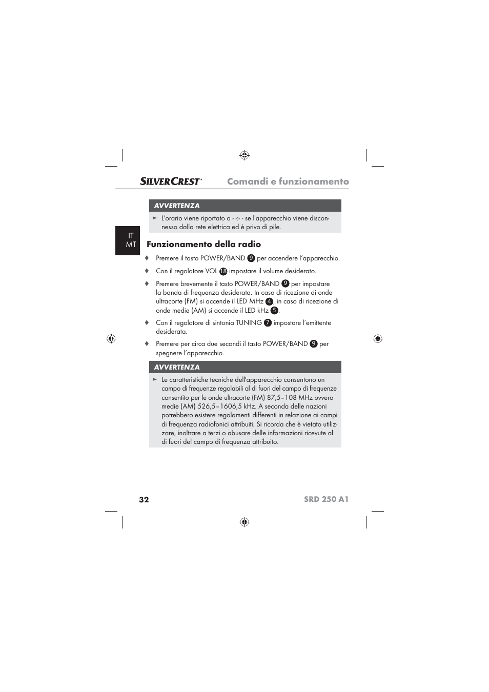 Comandi e funzionamento, Funzionamento della radio | Silvercrest SRD 250 A1 User Manual | Page 34 / 102