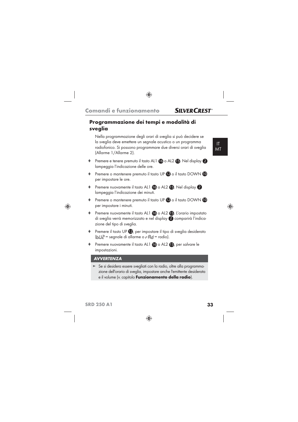 Comandi e funzionamento, Programmazione dei tempi e modalità di sveglia | Silvercrest SRD 250 A1 User Manual | Page 35 / 102
