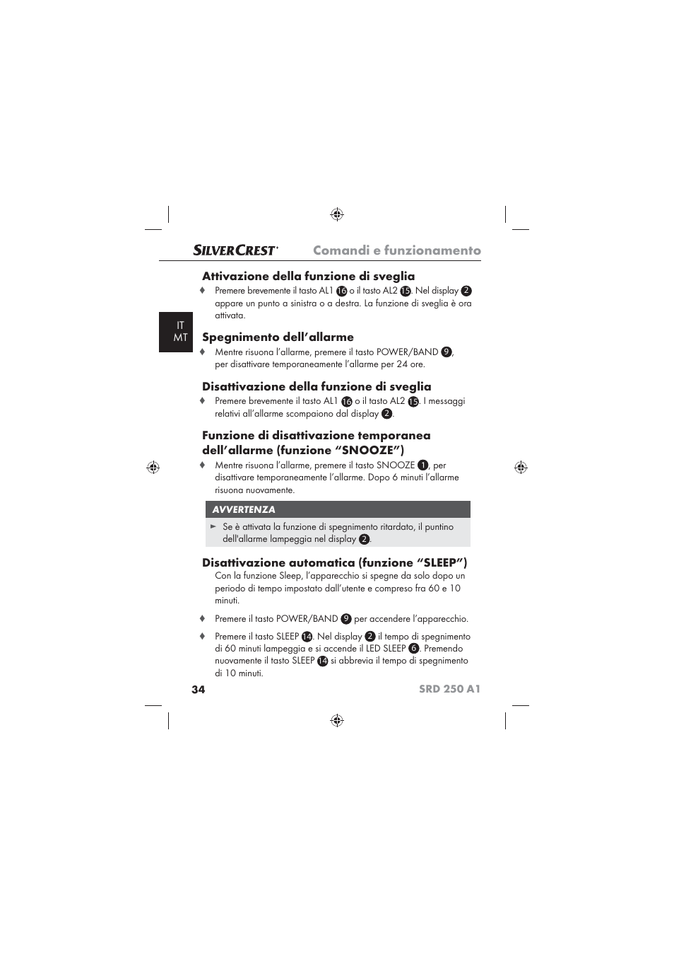 Comandi e funzionamento, Attivazione della funzione di sveglia, Spegnimento dell’allarme | Disattivazione della funzione di sveglia, Disattivazione automatica (funzione “sleep”) | Silvercrest SRD 250 A1 User Manual | Page 36 / 102