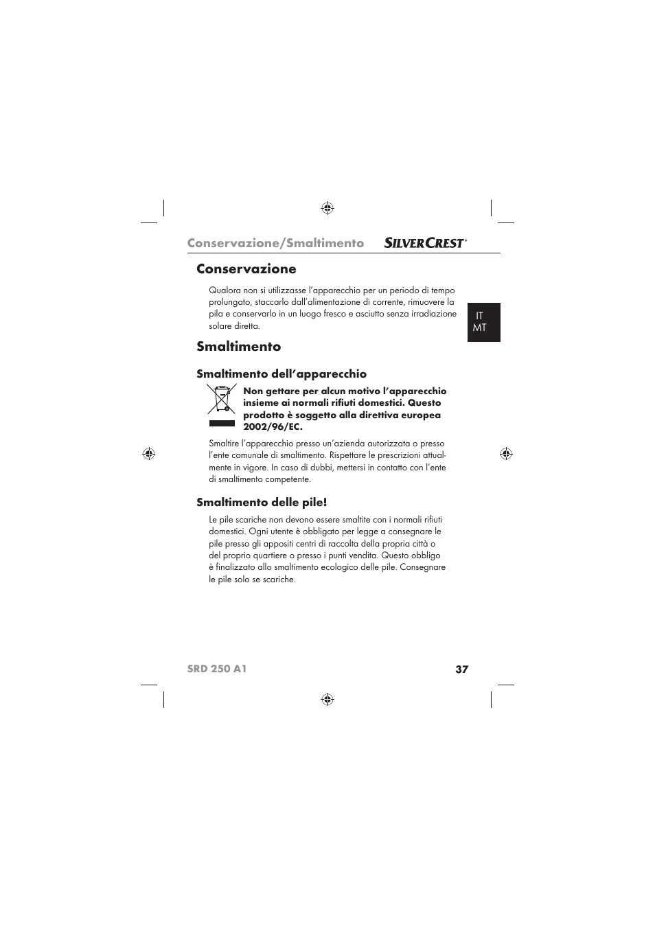 Conservazione, Smaltimento, Conservazione/smaltimento | Smaltimento dell’apparecchio, Smaltimento delle pile | Silvercrest SRD 250 A1 User Manual | Page 39 / 102