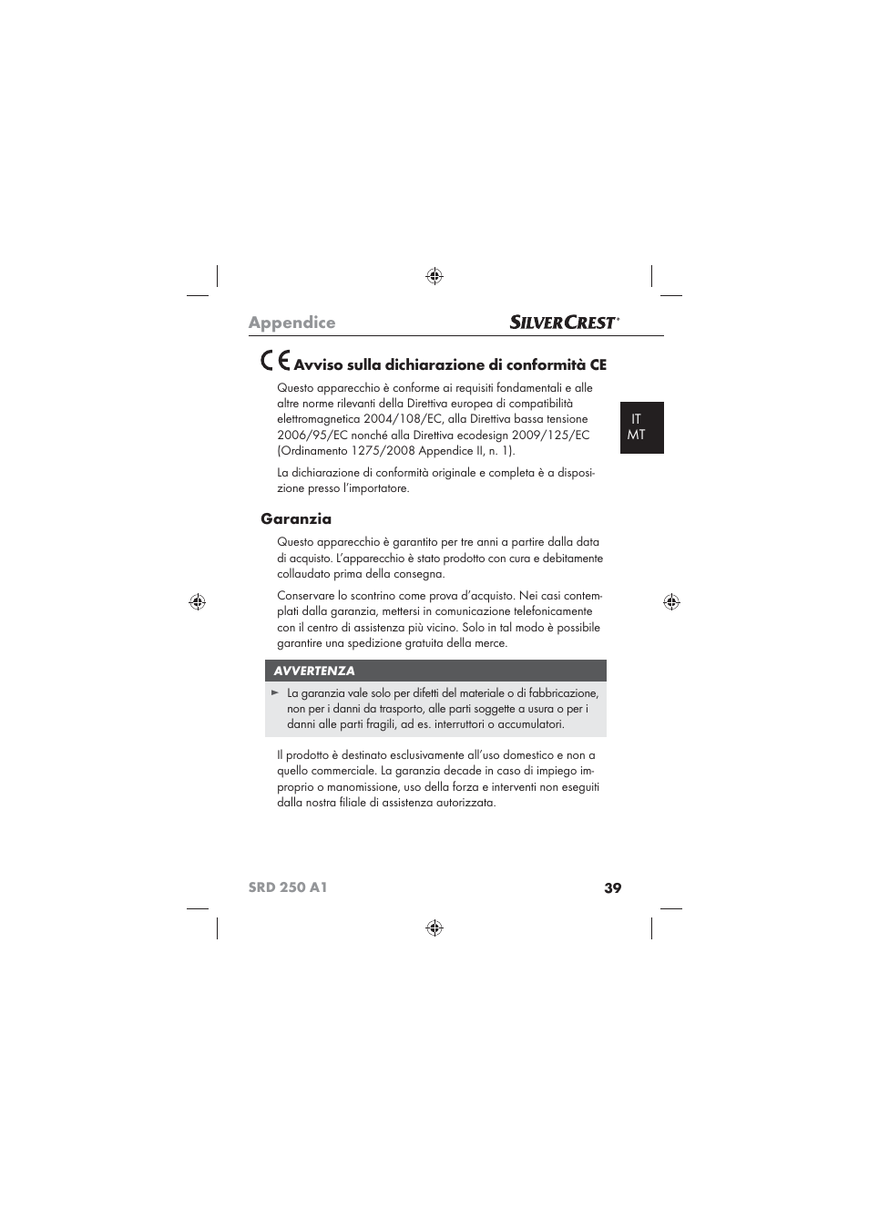 Appendice, Avviso sulla dichiarazione di conformità ce, Garanzia | Silvercrest SRD 250 A1 User Manual | Page 41 / 102