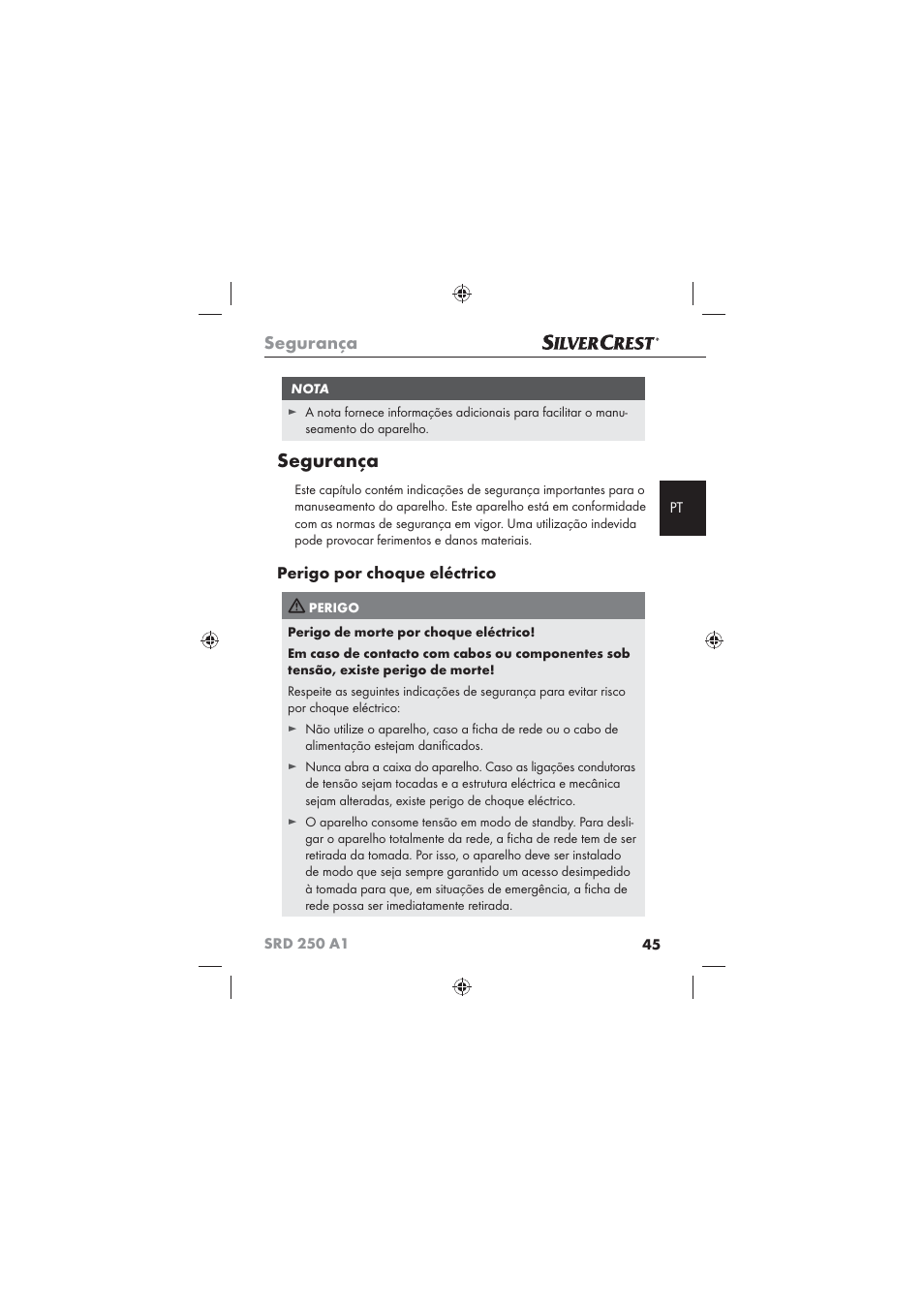 Segurança, Perigo por choque eléctrico | Silvercrest SRD 250 A1 User Manual | Page 47 / 102