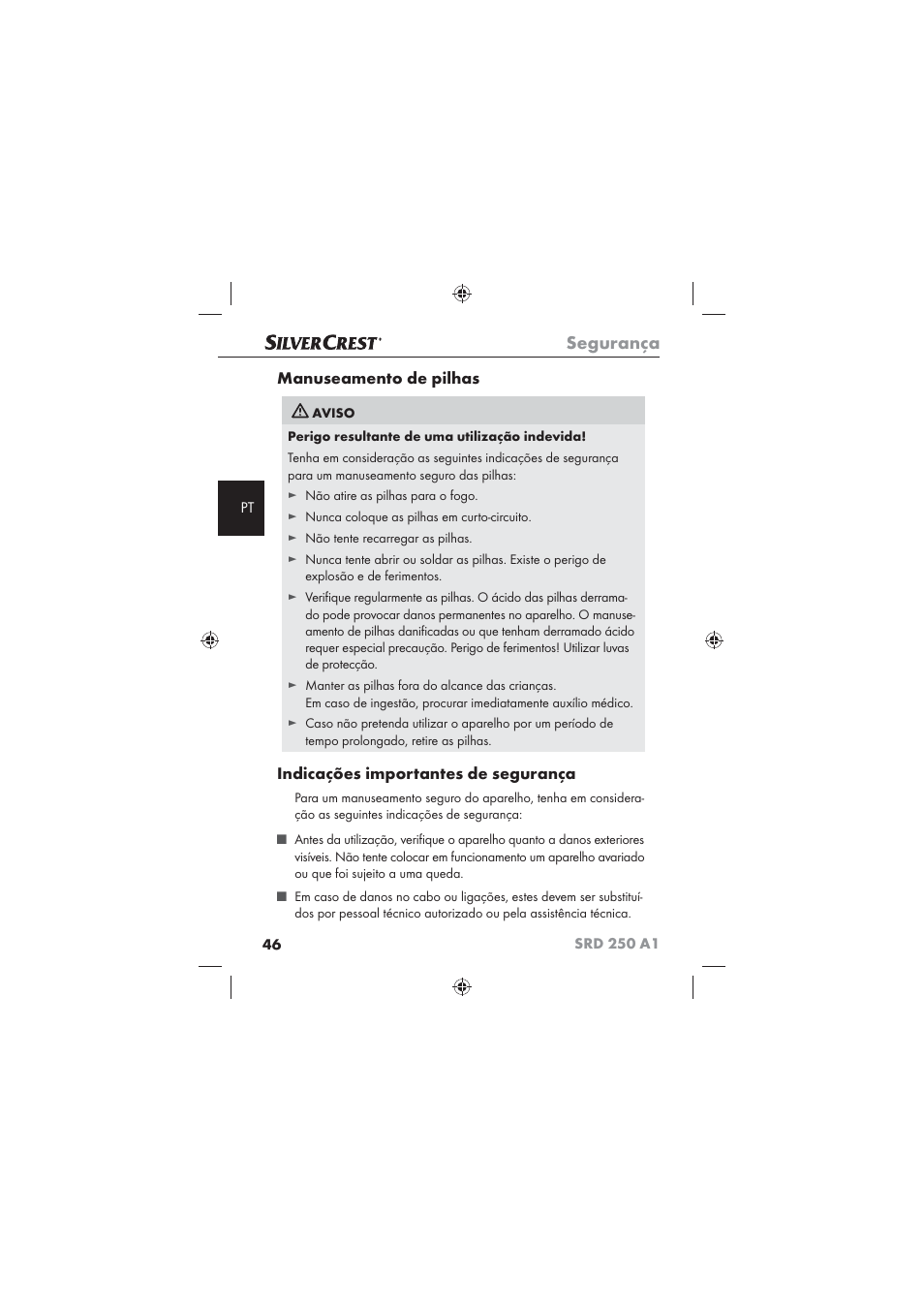 Segurança, Manuseamento de pilhas, Indicações importantes de segurança | Silvercrest SRD 250 A1 User Manual | Page 48 / 102