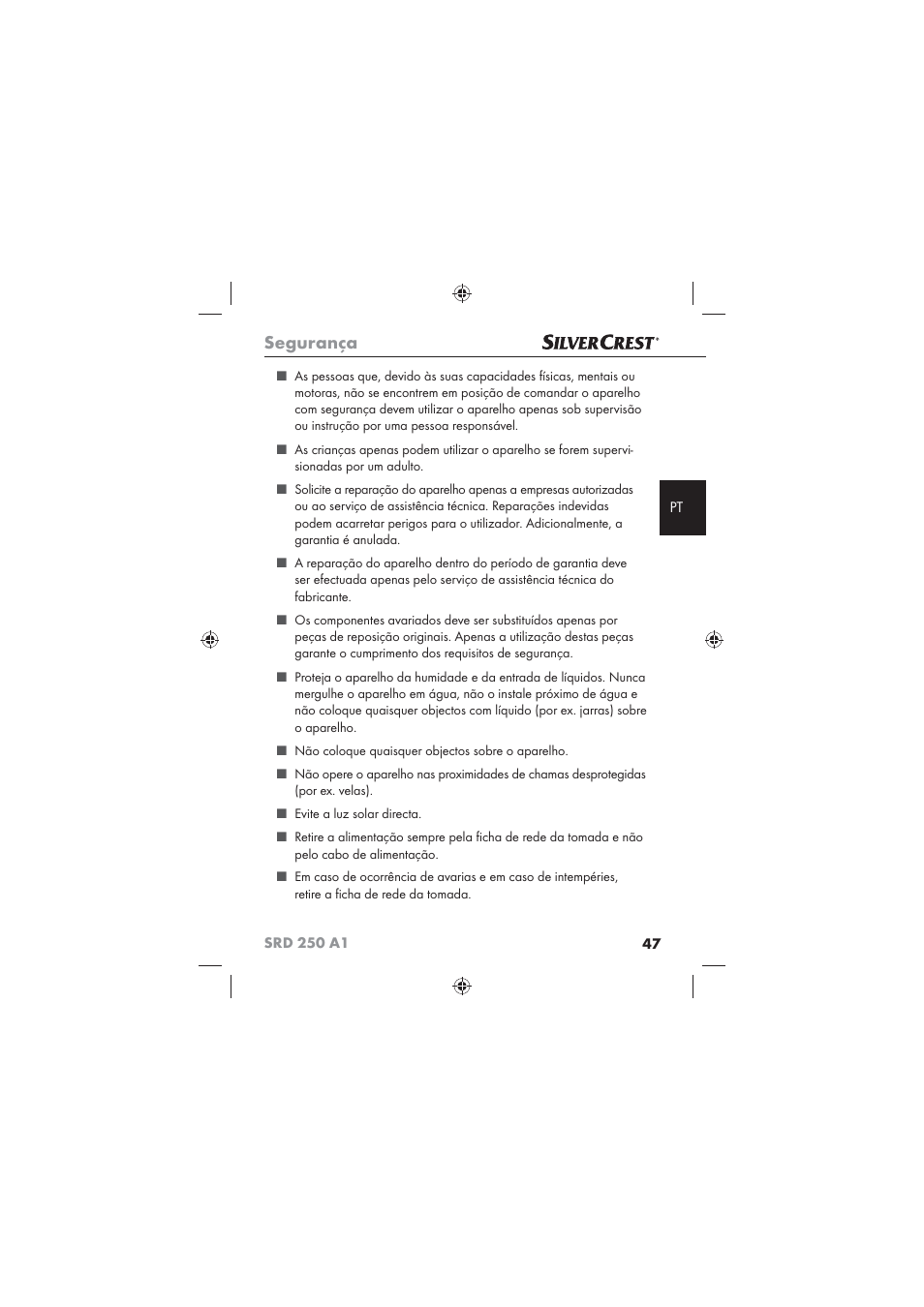 Segurança | Silvercrest SRD 250 A1 User Manual | Page 49 / 102