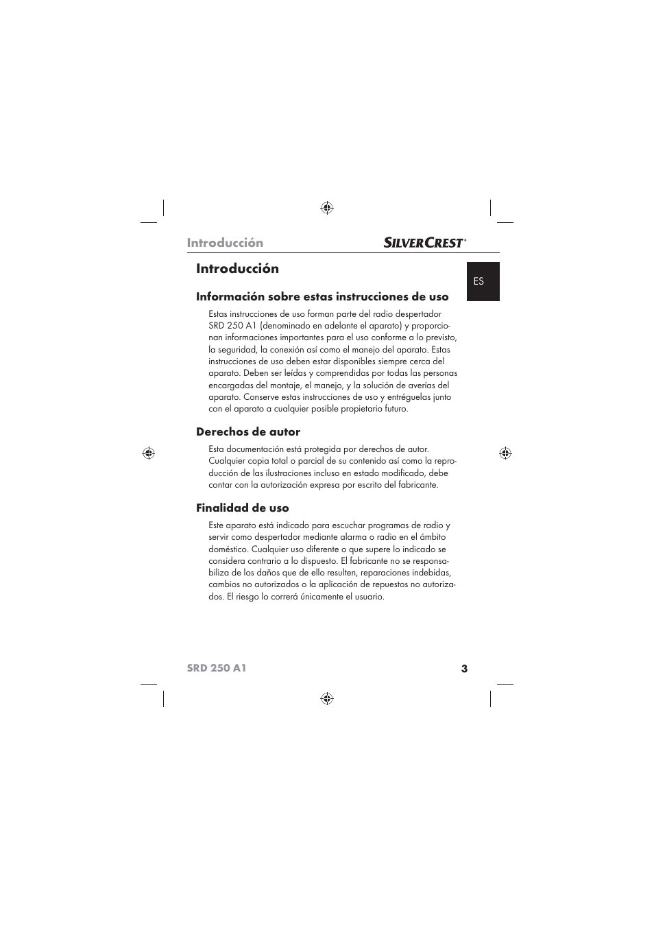 Introducción, Información sobre estas instrucciones de uso, Derechos de autor | Finalidad de uso | Silvercrest SRD 250 A1 User Manual | Page 5 / 102