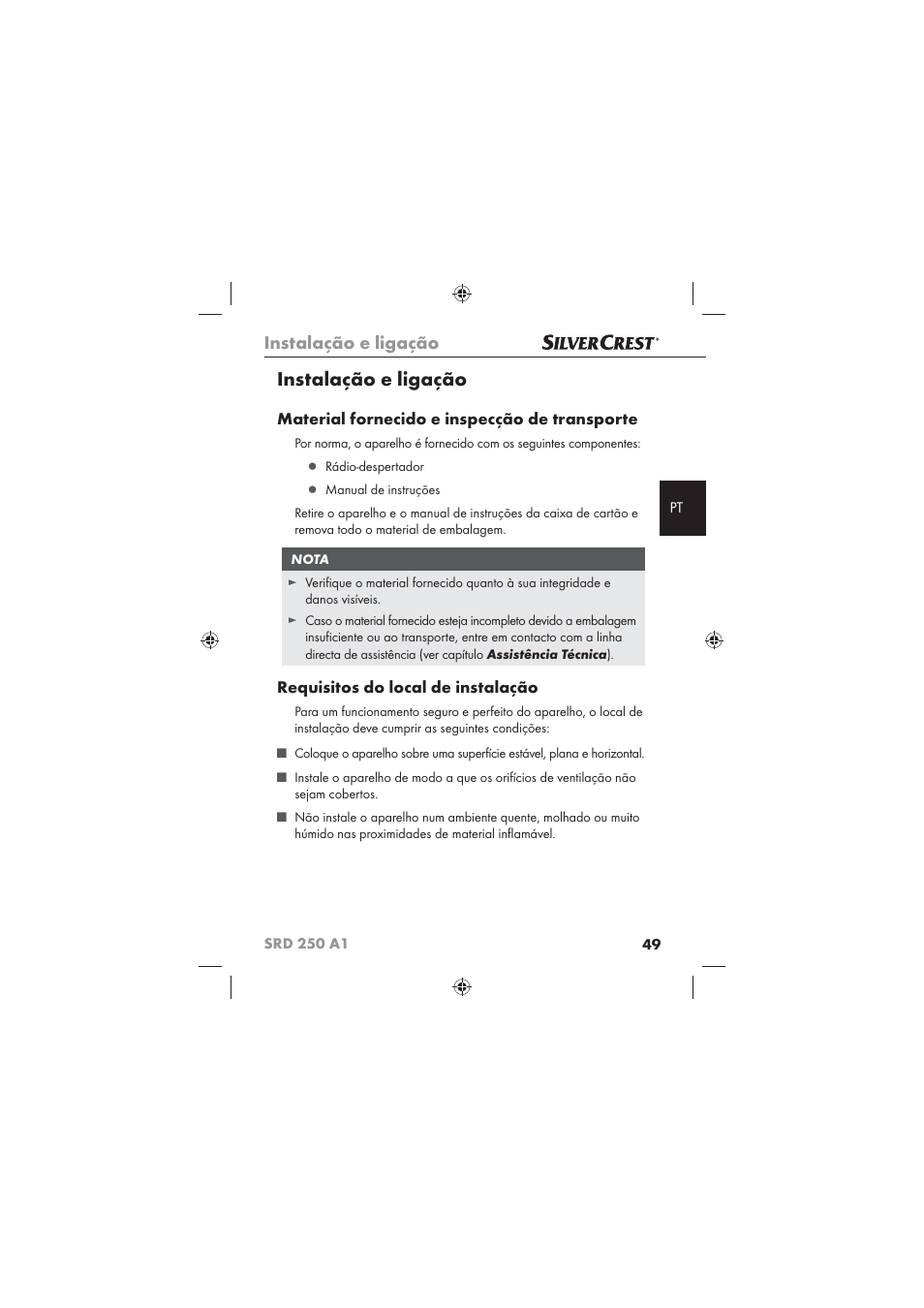 Instalação e ligação, Material fornecido e inspecção de transporte, Requisitos do local de instalação | Silvercrest SRD 250 A1 User Manual | Page 51 / 102
