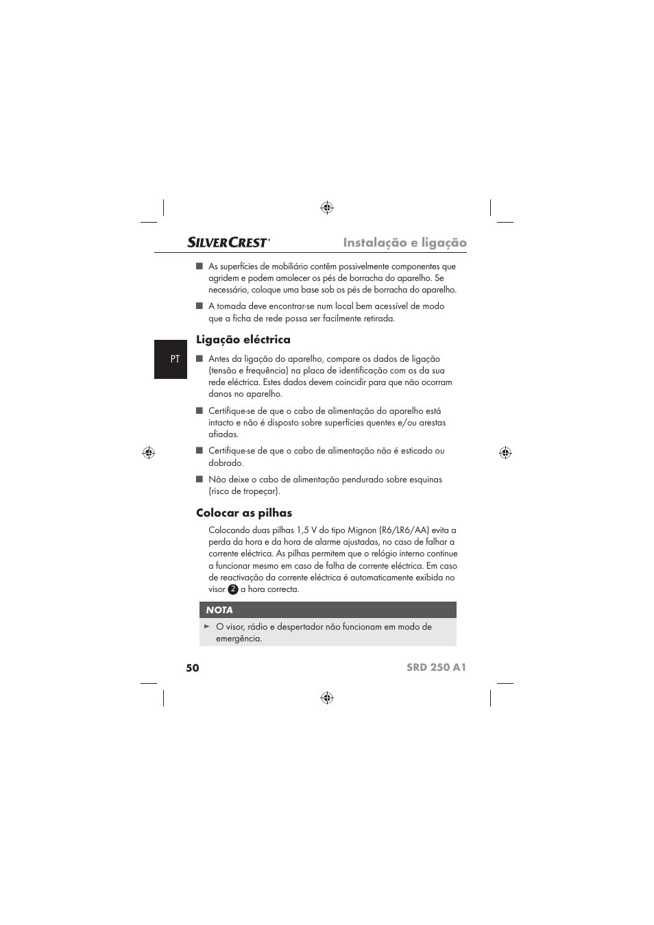 Instalação e ligação, Ligação eléctrica, Colocar as pilhas | Silvercrest SRD 250 A1 User Manual | Page 52 / 102