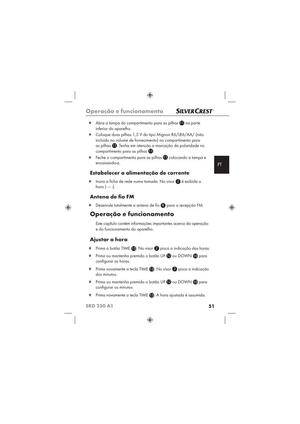 Operação e funcionamento, Estabelecer a alimentação de corrente, Antena de ﬁ o fm | Ajustar a hora | Silvercrest SRD 250 A1 User Manual | Page 53 / 102