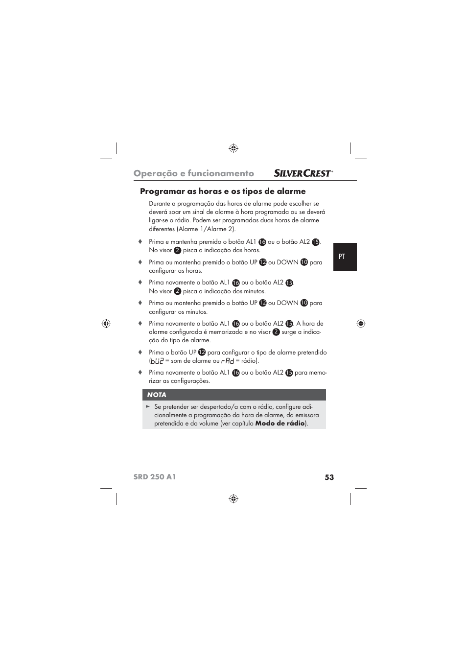 Operação e funcionamento, Programar as horas e os tipos de alarme | Silvercrest SRD 250 A1 User Manual | Page 55 / 102