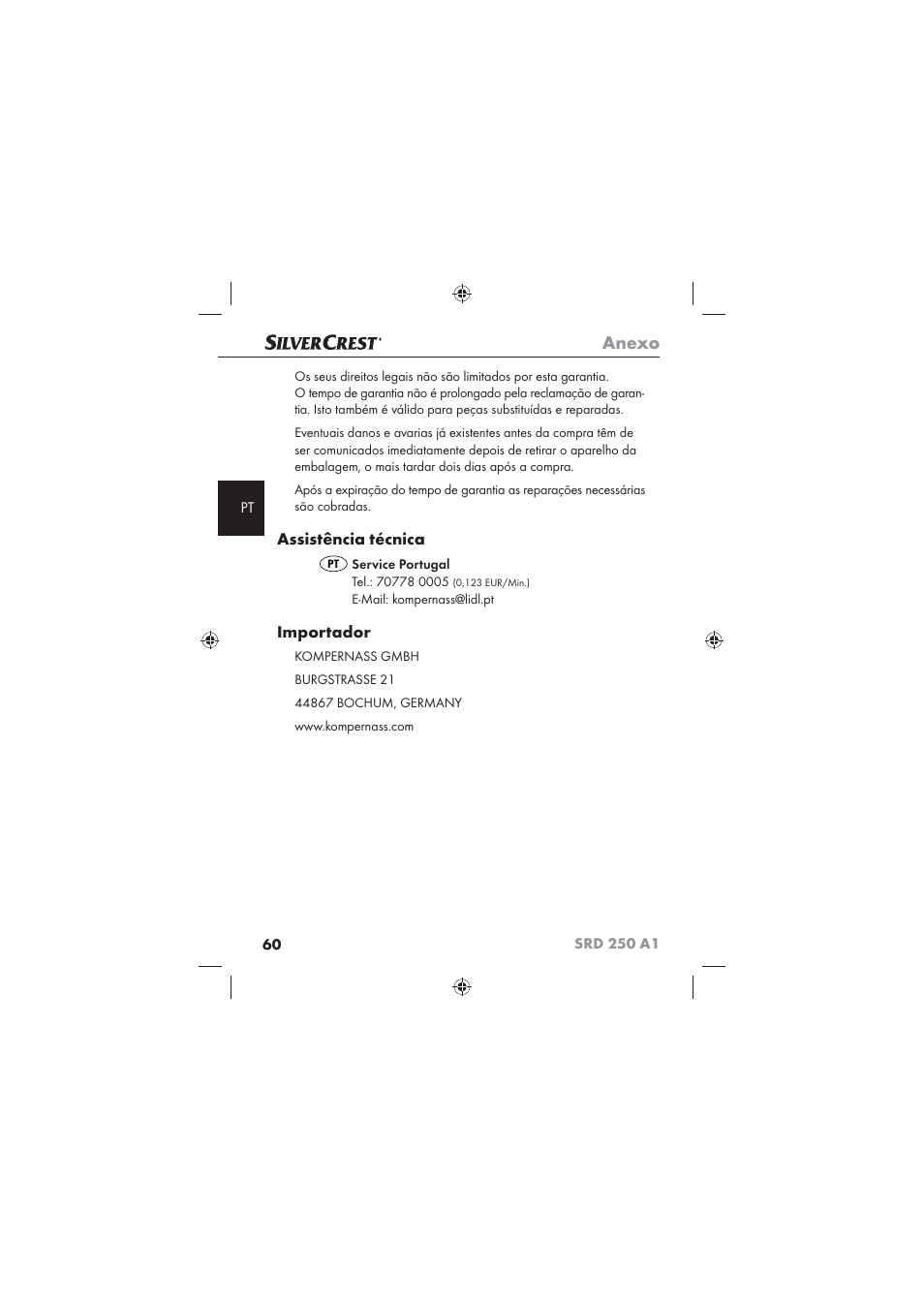 Anexo, Assistência técnica, Importador | Silvercrest SRD 250 A1 User Manual | Page 62 / 102