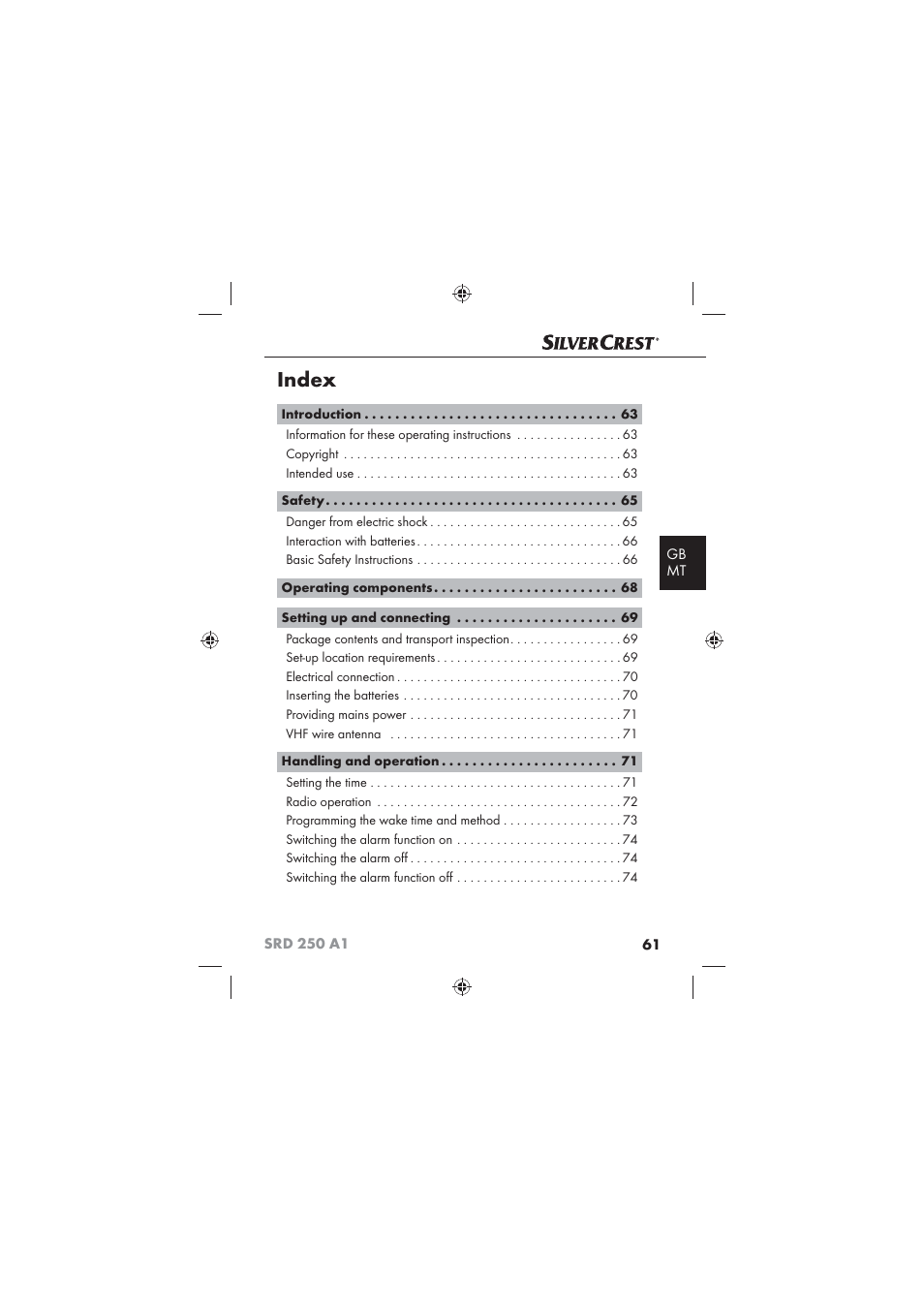 Index | Silvercrest SRD 250 A1 User Manual | Page 63 / 102