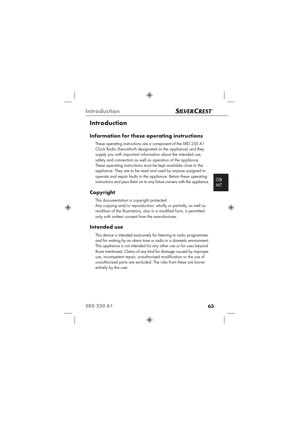 Introduction, Information for these operating instructions, Copyright | Intended use | Silvercrest SRD 250 A1 User Manual | Page 65 / 102