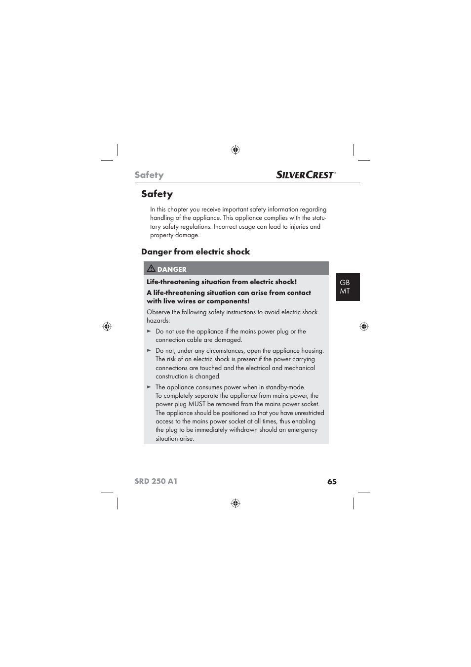 Safety, Danger from electric shock | Silvercrest SRD 250 A1 User Manual | Page 67 / 102