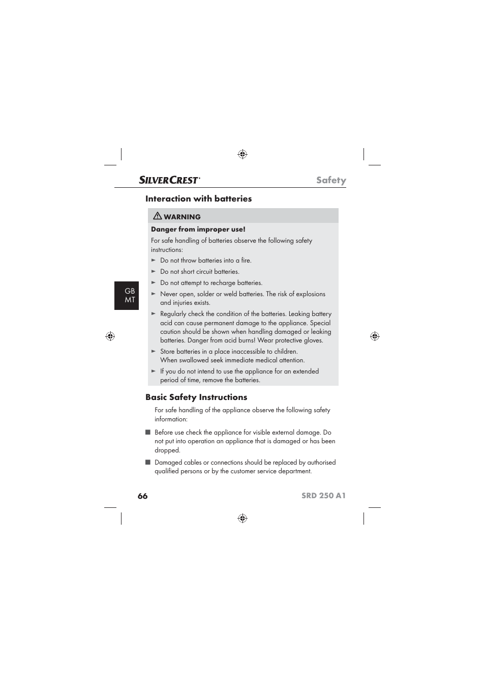 Safety, Interaction with batteries, Basic safety instructions | Silvercrest SRD 250 A1 User Manual | Page 68 / 102