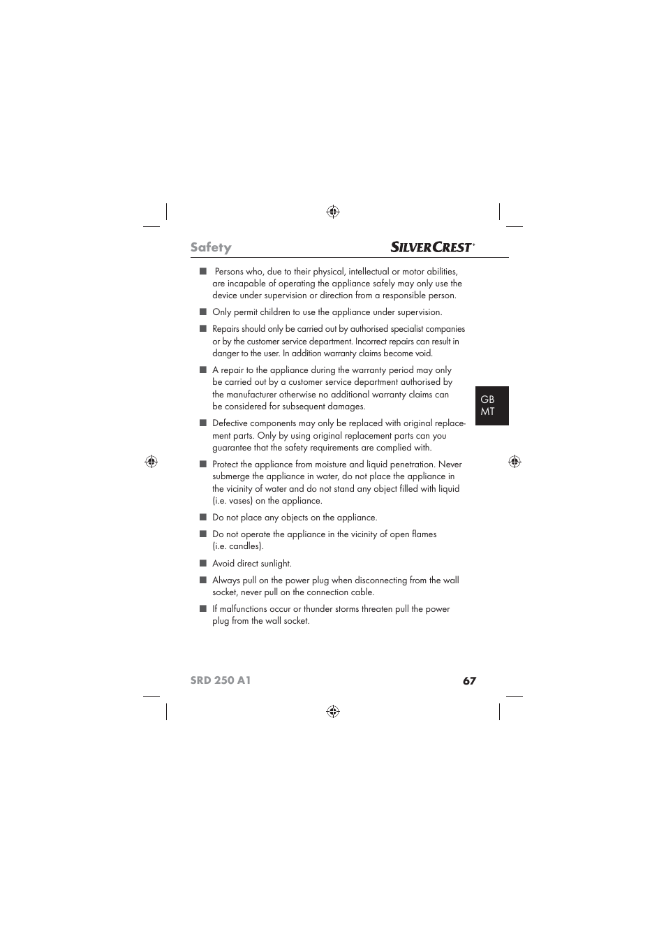 Safety | Silvercrest SRD 250 A1 User Manual | Page 69 / 102