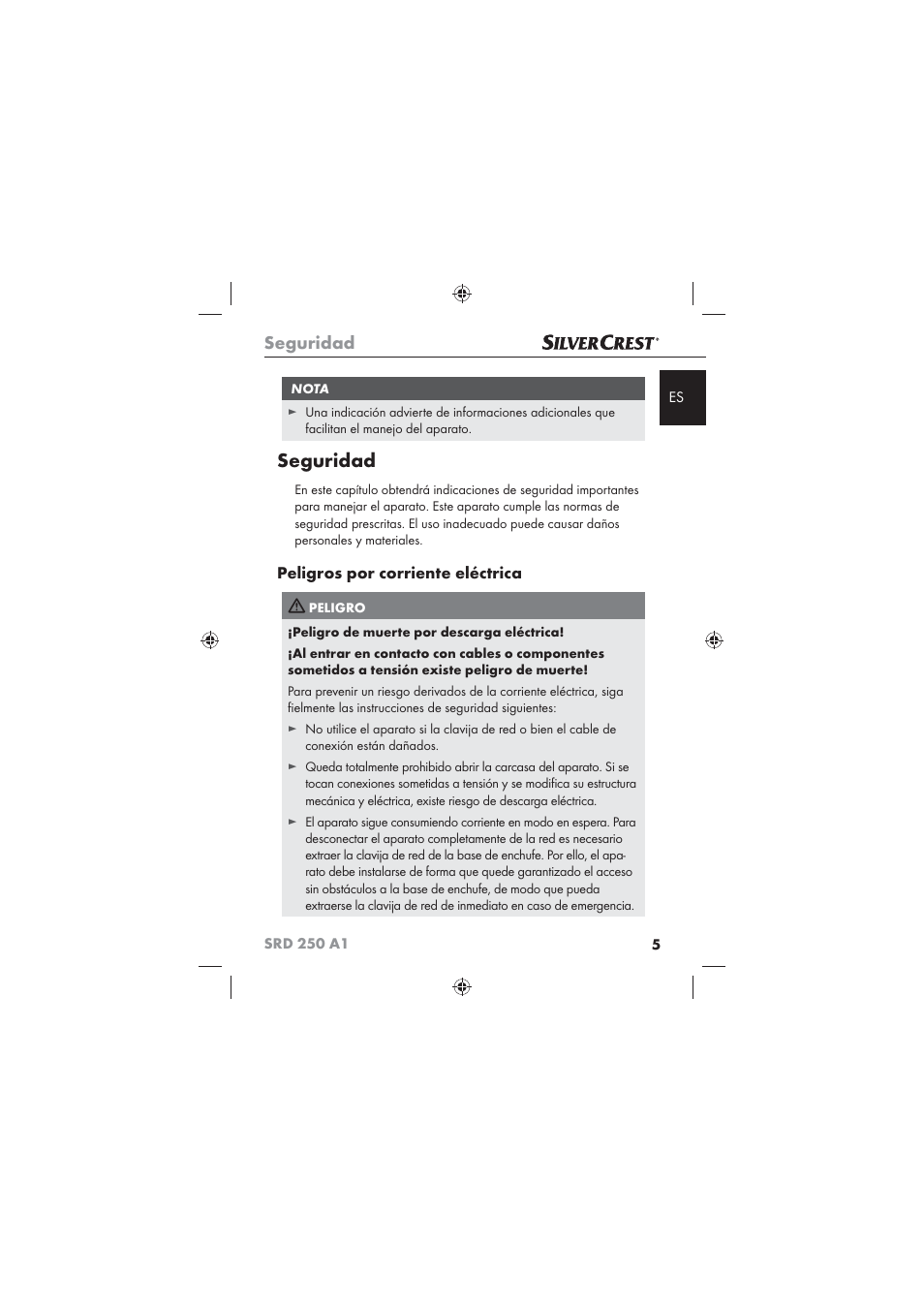 Seguridad, Peligros por corriente eléctrica | Silvercrest SRD 250 A1 User Manual | Page 7 / 102
