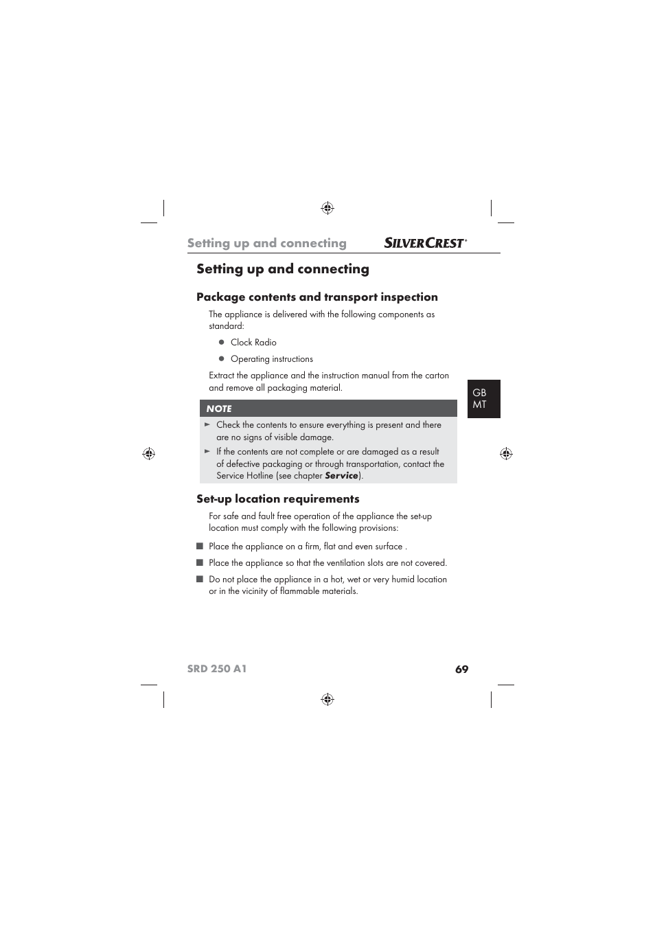 Setting up and connecting, Package contents and transport inspection, Set-up location requirements | Silvercrest SRD 250 A1 User Manual | Page 71 / 102