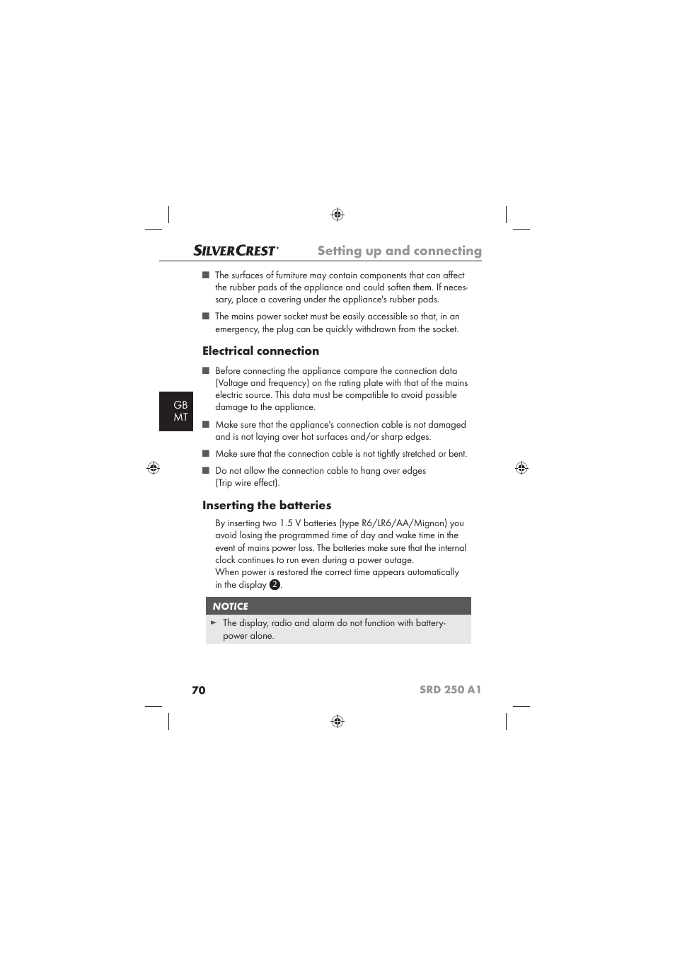 Setting up and connecting, Electrical connection, Inserting the batteries | Silvercrest SRD 250 A1 User Manual | Page 72 / 102