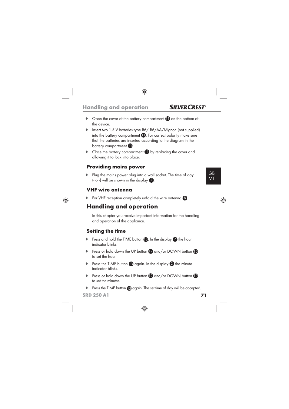 Handling and operation, Providing mains power, Vhf wire antenna | Setting the time | Silvercrest SRD 250 A1 User Manual | Page 73 / 102