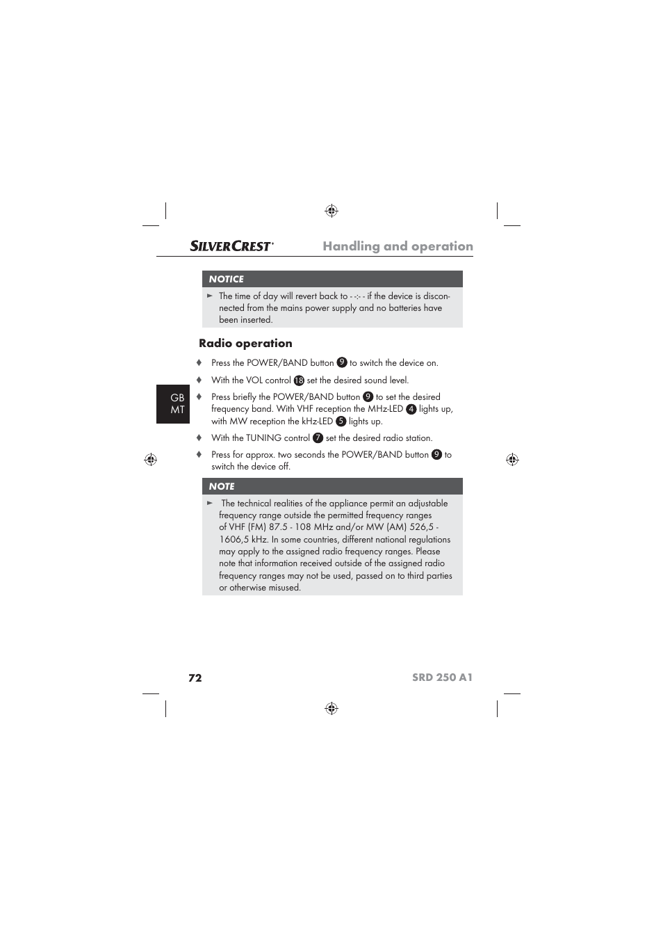 Handling and operation, Radio operation | Silvercrest SRD 250 A1 User Manual | Page 74 / 102