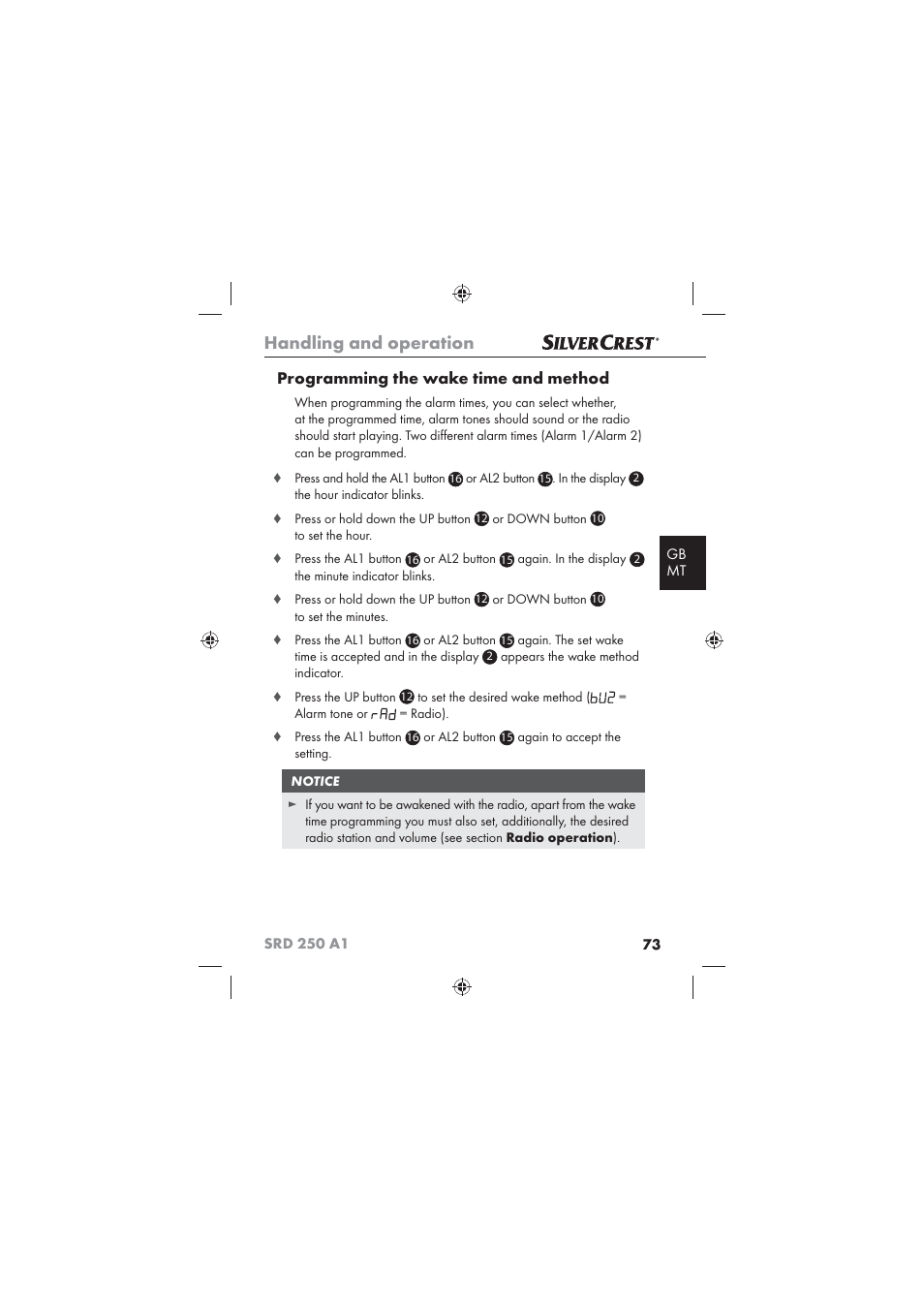 Handling and operation, Programming the wake time and method | Silvercrest SRD 250 A1 User Manual | Page 75 / 102