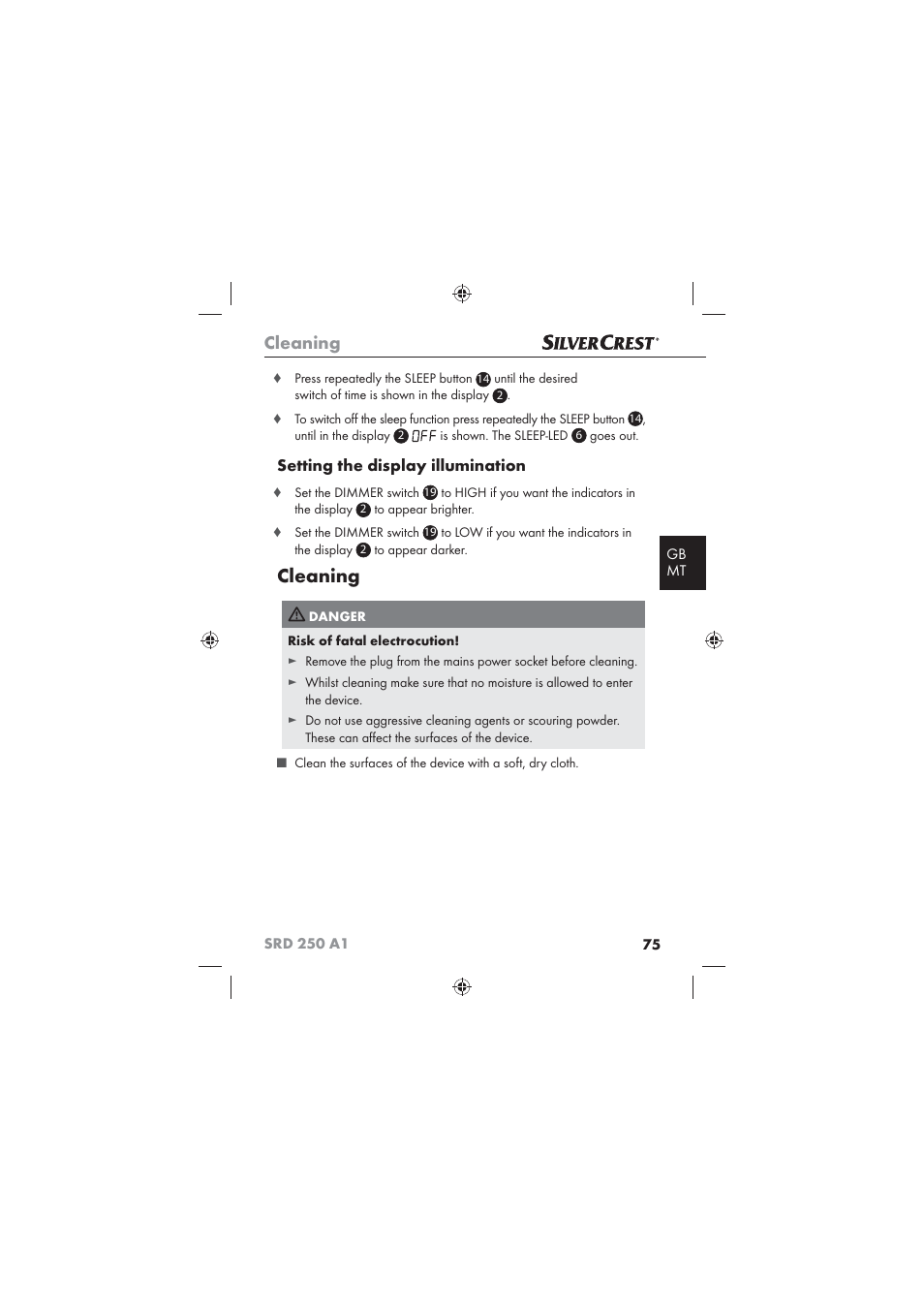 Cleaning, Setting the display illumination | Silvercrest SRD 250 A1 User Manual | Page 77 / 102