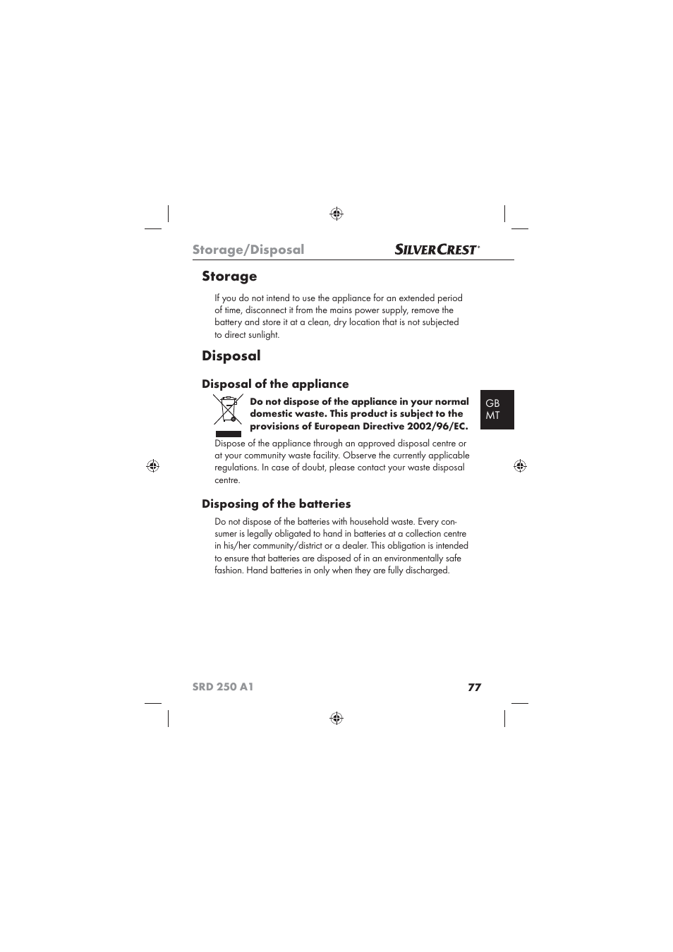 Storage, Disposal, Storage/disposal | Disposal of the appliance, Disposing of the batteries | Silvercrest SRD 250 A1 User Manual | Page 79 / 102