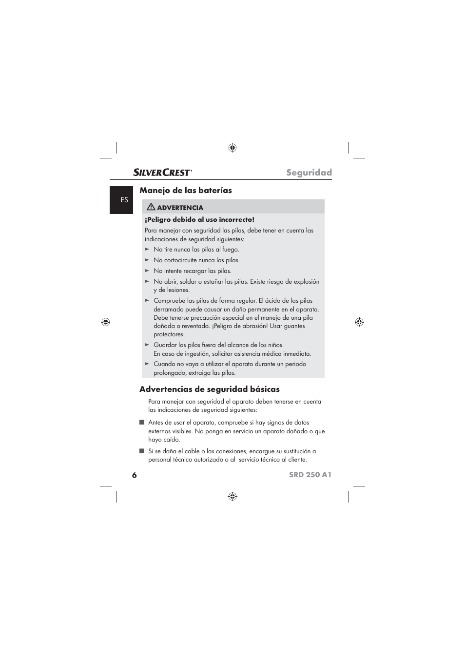 Seguridad, Manejo de las baterías, Advertencias de seguridad básicas | Silvercrest SRD 250 A1 User Manual | Page 8 / 102