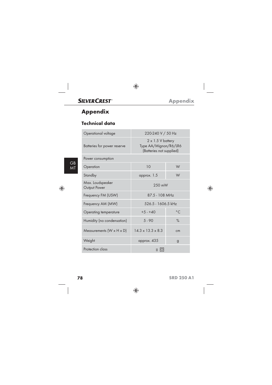 Appendix, Technical data | Silvercrest SRD 250 A1 User Manual | Page 80 / 102