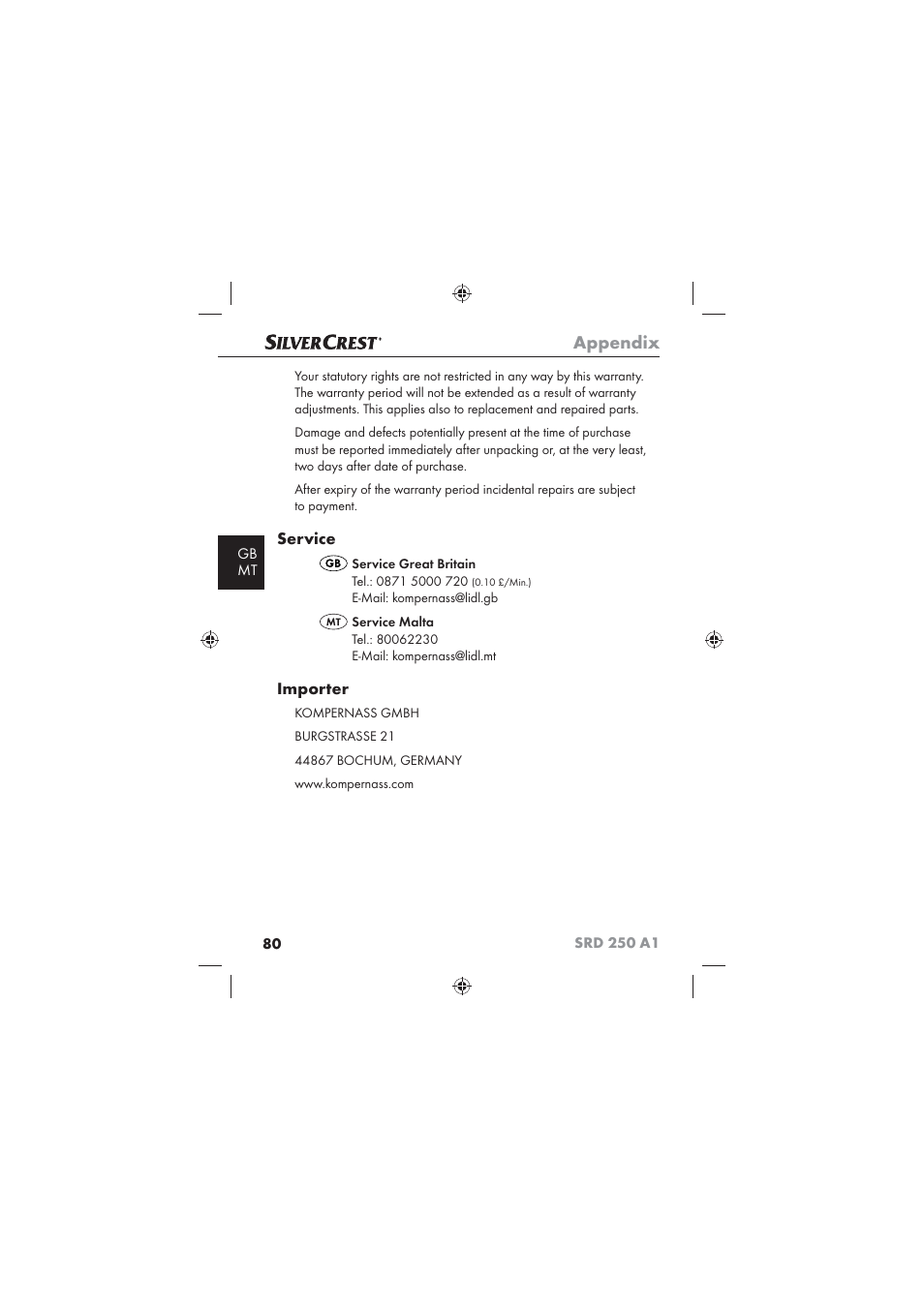 Appendix, Service, Importer | Silvercrest SRD 250 A1 User Manual | Page 82 / 102