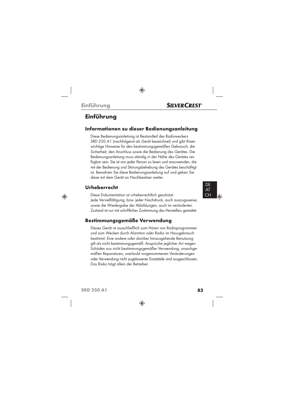 Einführung, Informationen zu dieser bedienungsanleitung, Urheberrecht | Bestimmungsgemäße verwendung | Silvercrest SRD 250 A1 User Manual | Page 85 / 102