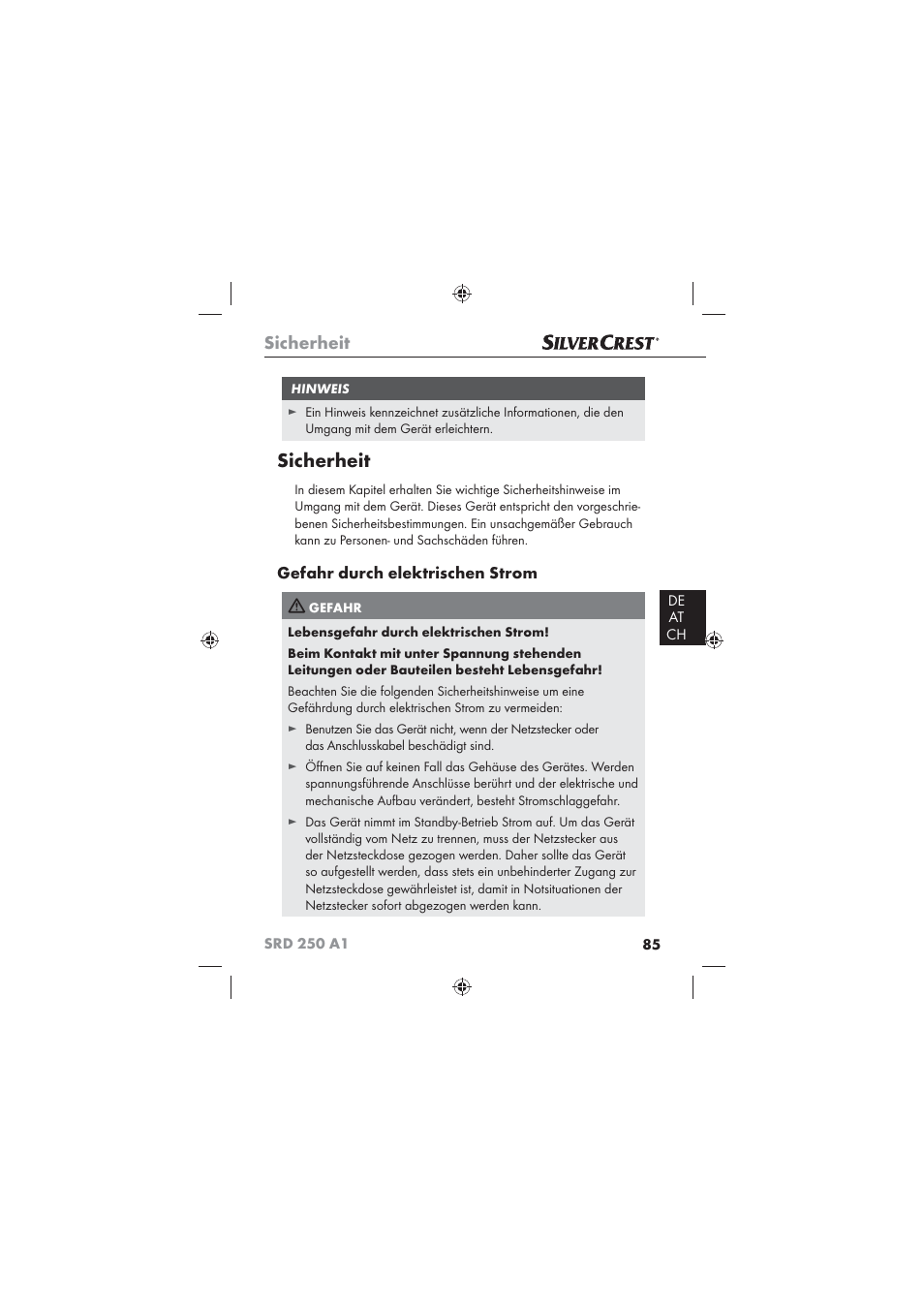 Sicherheit, Gefahr durch elektrischen strom | Silvercrest SRD 250 A1 User Manual | Page 87 / 102