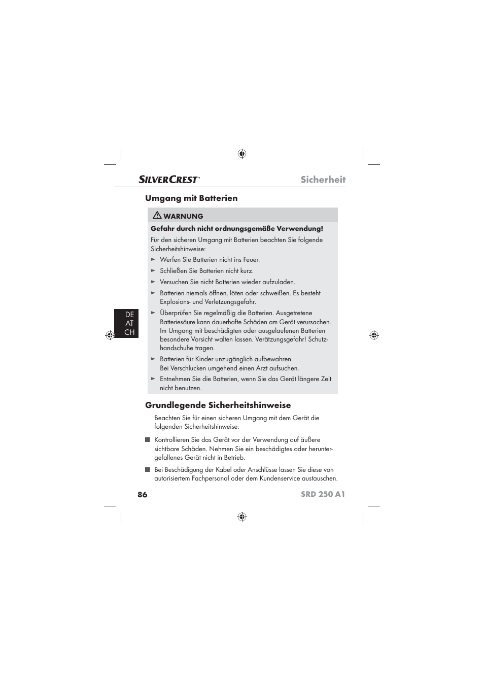 Sicherheit, Umgang mit batterien, Grundlegende sicherheitshinweise | Silvercrest SRD 250 A1 User Manual | Page 88 / 102