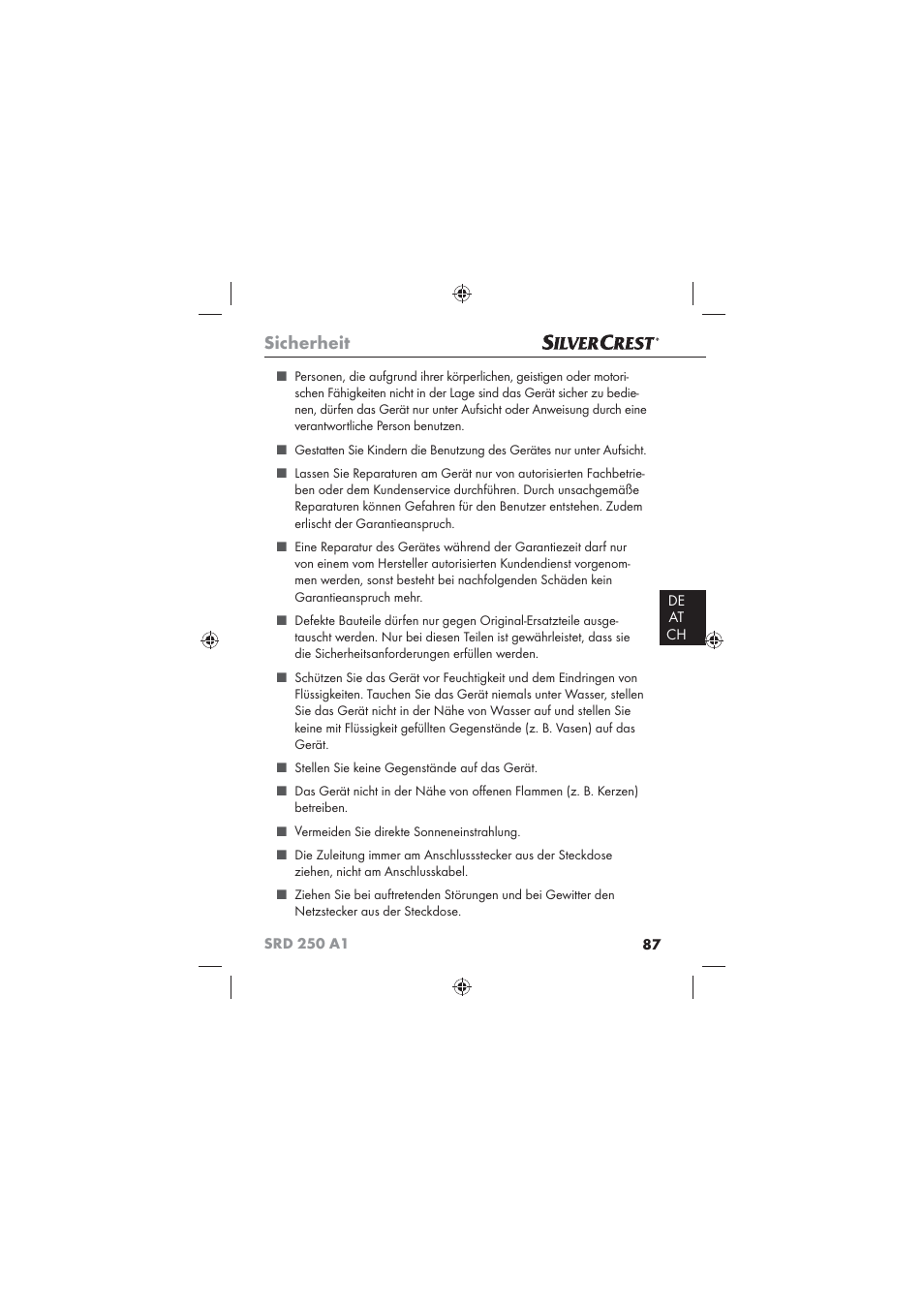 Sicherheit | Silvercrest SRD 250 A1 User Manual | Page 89 / 102