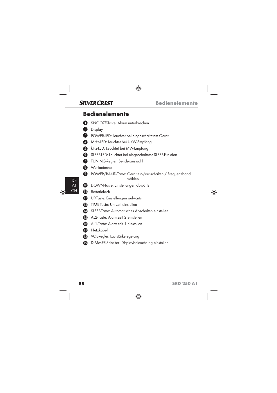 Bedienelemente | Silvercrest SRD 250 A1 User Manual | Page 90 / 102