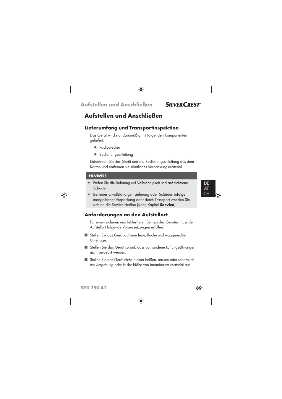 Aufstellen und anschließen, Lieferumfang und transportinspektion, Anforderungen an den aufstellort | Silvercrest SRD 250 A1 User Manual | Page 91 / 102