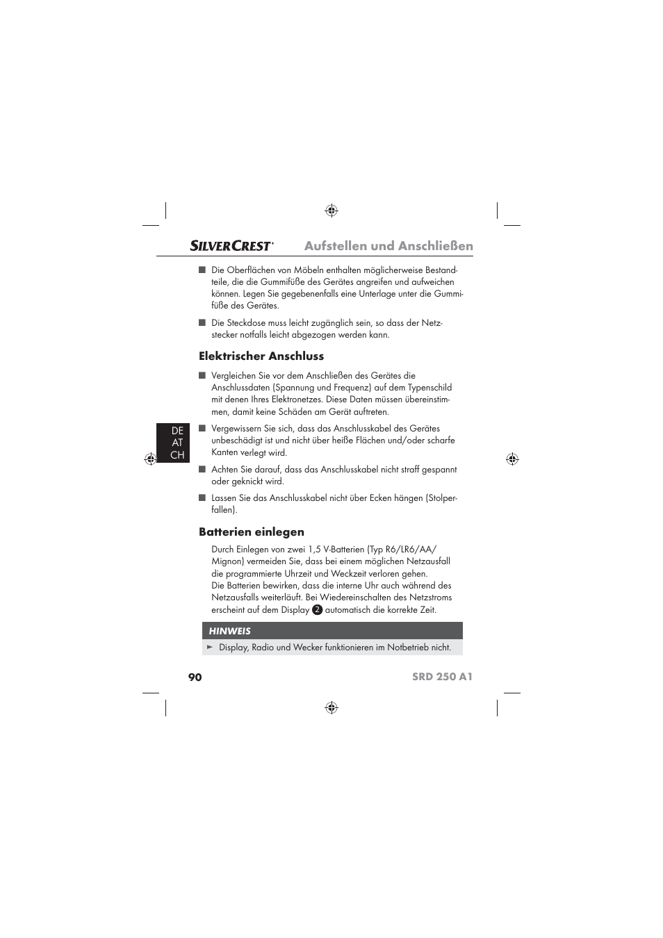Aufstellen und anschließen, Elektrischer anschluss, Batterien einlegen | Silvercrest SRD 250 A1 User Manual | Page 92 / 102