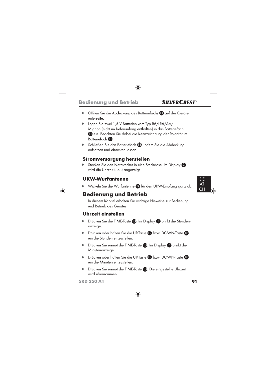 Bedienung und betrieb, Stromversorgung herstellen, Ukw-wurfantenne | Uhrzeit einstellen | Silvercrest SRD 250 A1 User Manual | Page 93 / 102