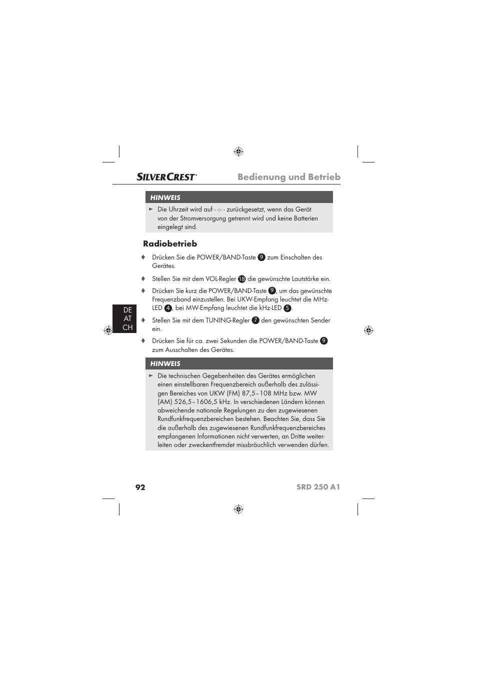 Bedienung und betrieb, Radiobetrieb | Silvercrest SRD 250 A1 User Manual | Page 94 / 102